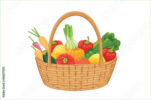 Wicker basket full of fresh vegetables vector illustration.    Basket with vegetables. Wicker basket with vegetables isolated on a white background, Flat style cartoon vector illustration. 