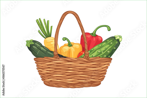 Wicker basket full of fresh vegetables vector illustration.    Basket with vegetables. Wicker basket with vegetables isolated on a white background, Flat style cartoon vector illustration. 