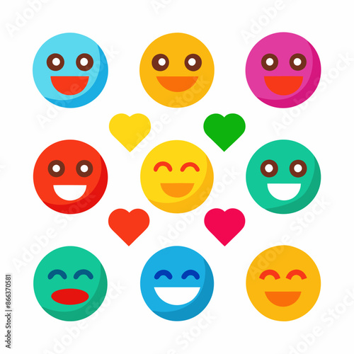 An assortment of vibrant smiley faces and hearts on a white backdrop