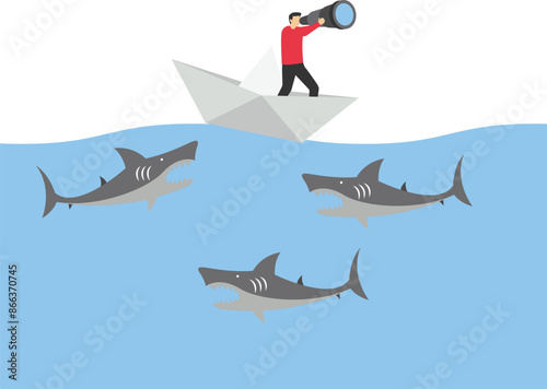 Businessman standing In The Up Side Down Open Umbrella with team surrounded by sharks.

