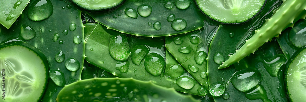 Fresh aloe vera and cucumber with water droplets, natural skincare ingredients, organic hydration, cooling effect, herbal beauty, and refreshing green wellness background.
Fresh aloe vera and cucumber with water droplets, natural skincare ingredients, organic hydration, cooling effect, herbal beauty, and refreshing green wellness background.
