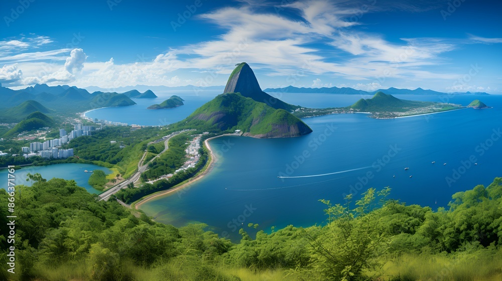 Naklejka premium Scenic mountain range overlooking tranquil lake.