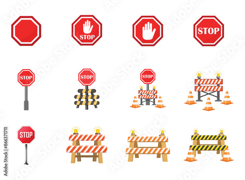 Stop traffic road barrier icon set in flat style. Roadwork vector illustration on isolated background. Safety barricade sign business concept.