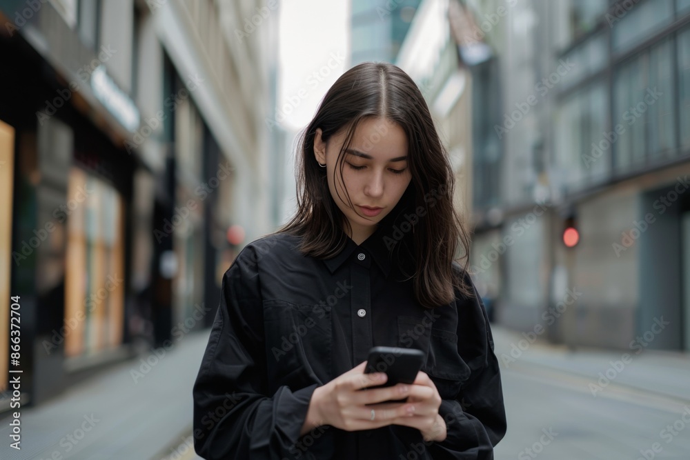 Fototapeta premium Urban Asian Woman Using Smartphone on City Street