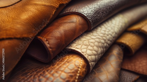 Genuine animal leather samples in brown and beige colors with blurred background in close up
