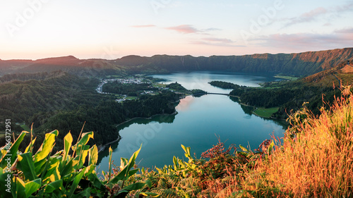 Sete Cidades twin lake, sunset mood, Azores islands, travel in Portugal.