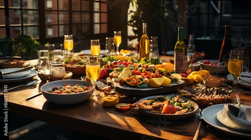A table set with various food and drinks, ready for a gathering or party.