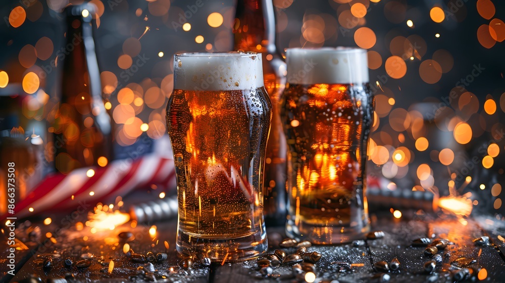 Independence Day celebration with two beer bottles in an ice bucket, an American flag, and fireworks rockets on a festive table Independence Day celebration with two beer bottles in an ice bucket, an American flag, and fireworks rockets on a festive table