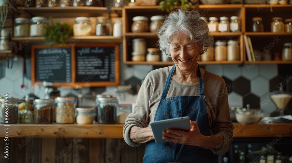 The elderly woman with tablet