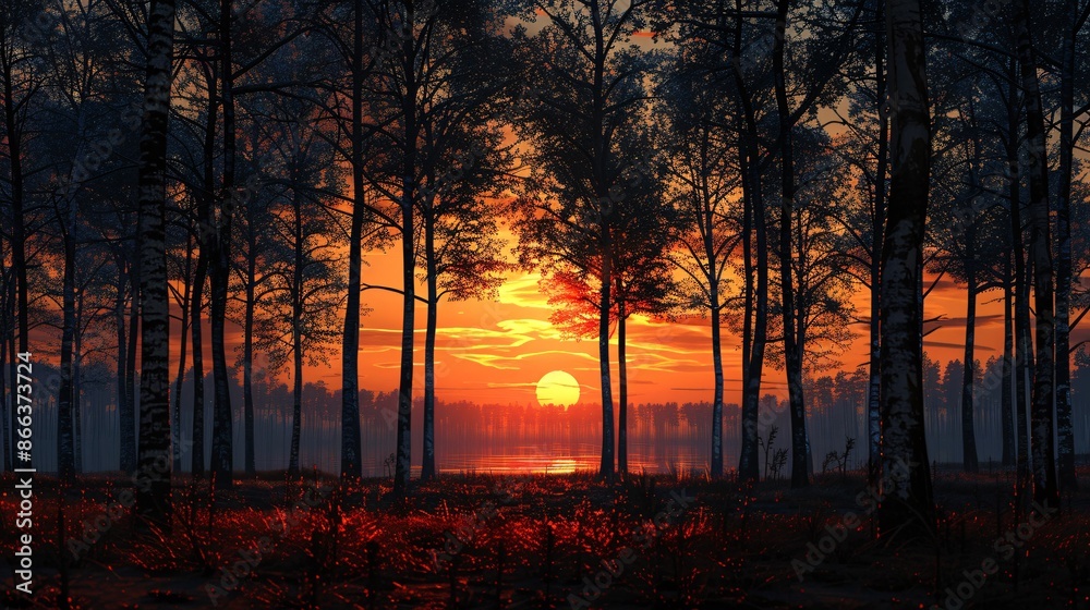 Sunset Through The Trees in A Forest Sunset Through The Trees in A Forest