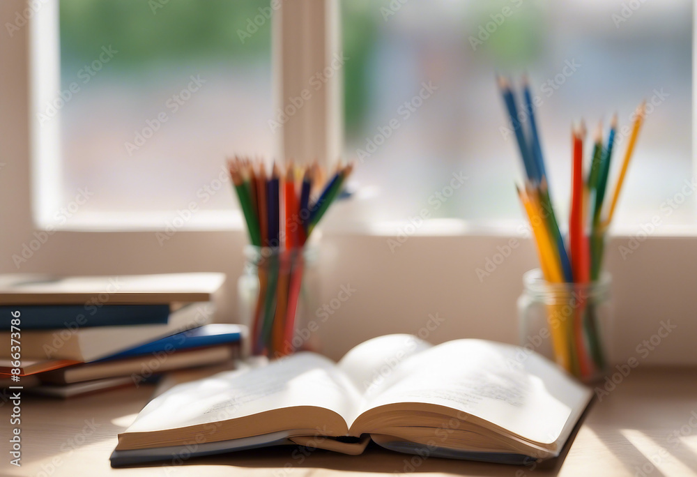 Books and school supplies are laid out on the desktop against the background of a window Books and school supplies are laid out on the desktop against the background of a window