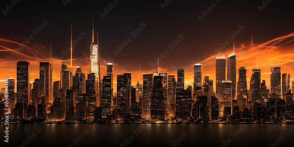 Obraz premium Aerial night view of a modern city illuminated by lights. Ideal for travel websites, city guides, or publications highlighting urban life.