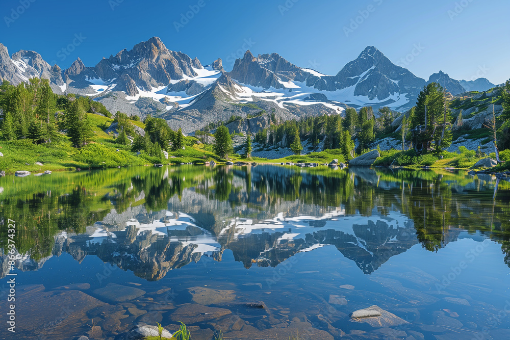 Fototapeta premium Pristine alpine lake reflecting surrounding peaks