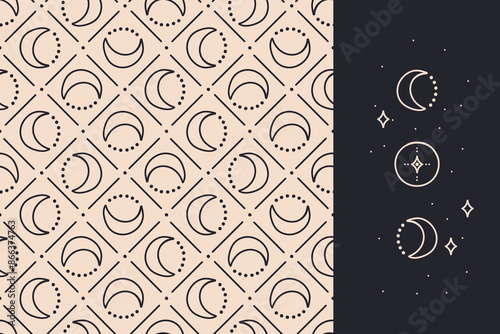 Seamless pattern with doodle moon phases. Simple vector background and design element set. Amulet decorative ornament. Elegant trendy fabric, wrapping paper print, textile design, wallpaper.