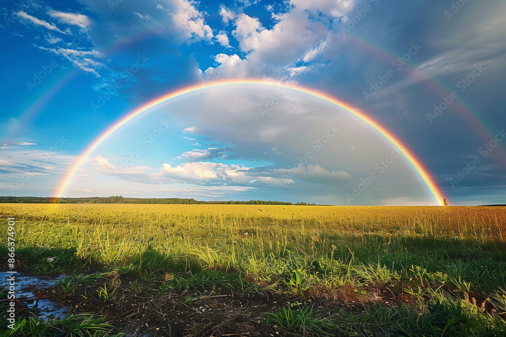 Naklejka premium Rainbow arcing over a field after a summer rain