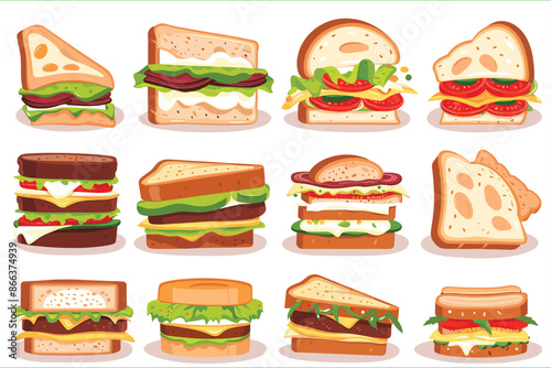 Set of delicious sandwiches in cartoon style, isolated on a white background. Set of home sandwiches different forms on white background. Set of delicious juicy sandwiches. 