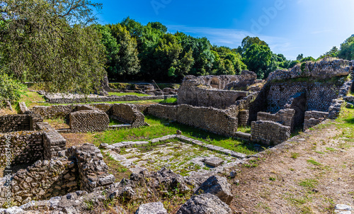 A view from the Roman amphitheatre across the ancient ruins at Butrint, Albania in summertime photo