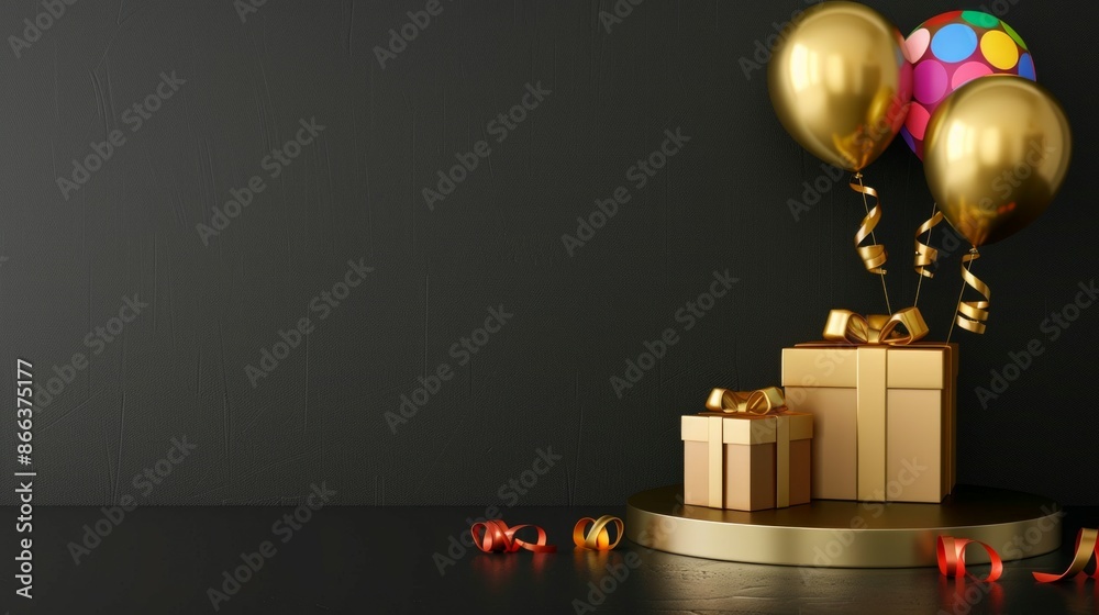 On the podium, arrange gold gift boxes wrapped with gold ribbons, black background On the podium, arrange gold gift boxes wrapped with gold ribbons, black background