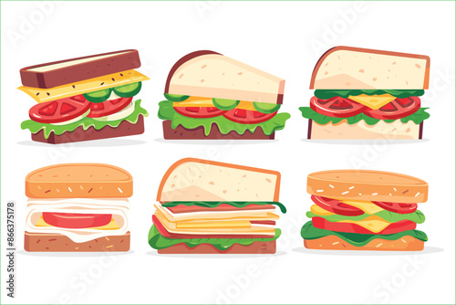 Set of delicious sandwiches in cartoon style, isolated on a white background. Set of home sandwiches different forms on white background. Set of delicious juicy sandwiches. 