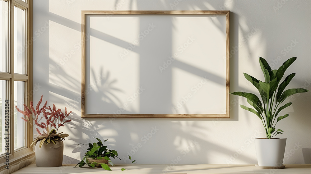 Minimal wooden picture frame mockup on white wall in living room. Minimal wooden picture frame mockup on white wall in living room.