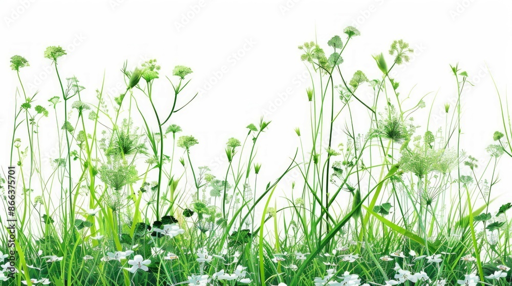 Illustration of green flowers and grass in realistic art style, Illustration of green flowers and grass in realistic art style,