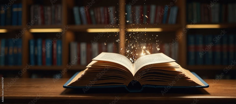 Fototapeta premium A book opened on podium in library. Glowing. Pages flipping