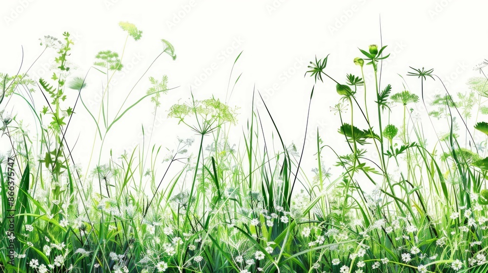 Illustration of green flowers and grass in realistic art style, Illustration of green flowers and grass in realistic art style,