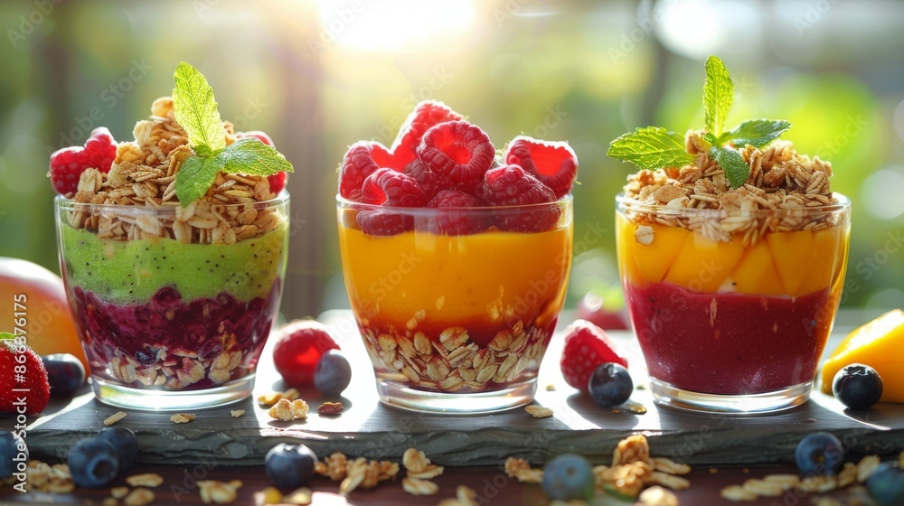Layered Smoothie: A healthy fresh layered smoothie in a glass, with layers of berry, mango, topped with granola and fresh fruit. Vitamins, fitness drink, health food. Layered Smoothie: A healthy fresh layered smoothie in a glass, with layers of berry, mango, topped with granola and fresh fruit. Vitamins, fitness drink, health food.