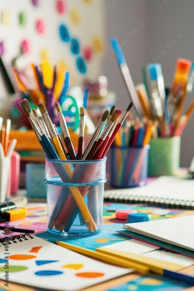 A vibrant artist's workspace filled with various brushes, sketchbooks, and art supplies, radiating inspiration and creativity.
