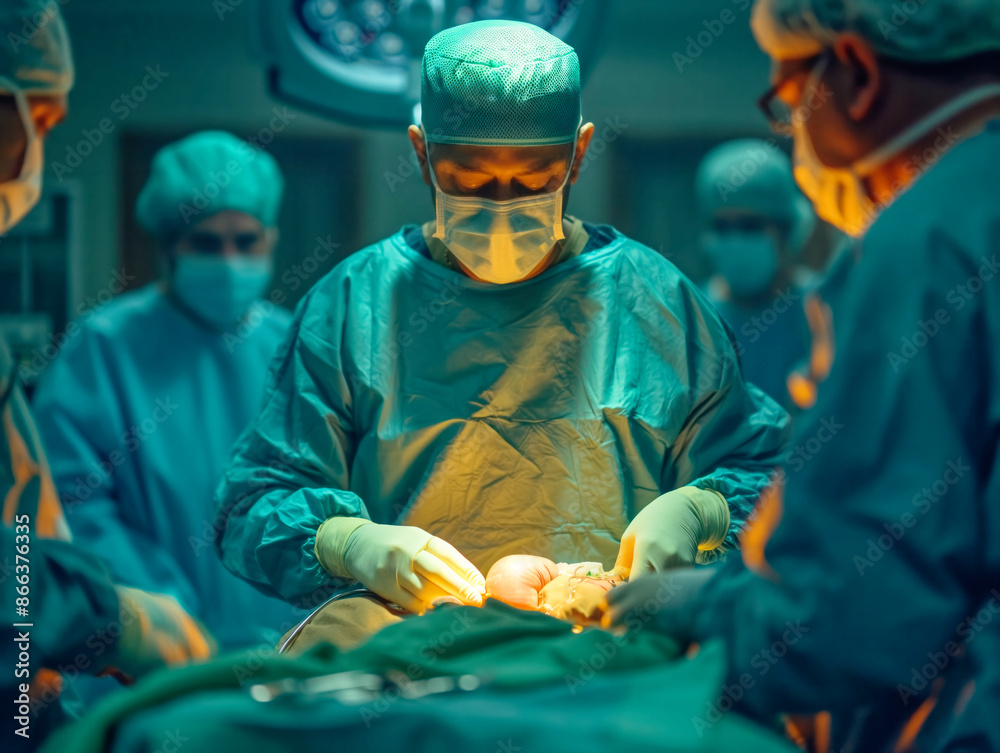 A surgeon, assisted by a medical team, is performing a kidney transplant in an operating room, with focused lighting highlighting the procedure