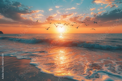 A stunning sunset over the ocean with birds flying in the sky, reflecting vibrant colors on the water and creating a peaceful and picturesque seascape view.