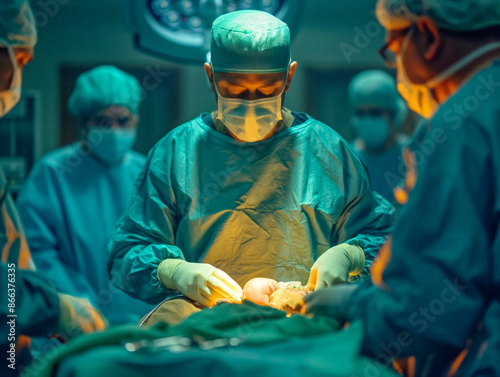 Obraz na płótnie A surgeon, assisted by a medical team, is performing a kidney transplant in an operating room, with focused lighting highlighting the procedure w salonie