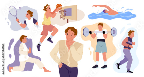 Man thinking about sport choice. Guy in doubt to choose from different workout, martial arts practice and swimming, play tennis and basketball, powerlifting and jogging cartoon vector illustration