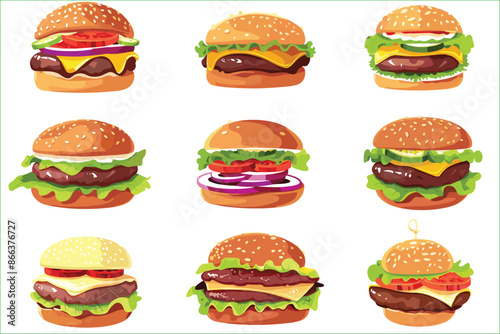 Set of delicious burger isolated on a white background, Flat style cartoon vector illustration. Fast Food. hamburger with bacon vector flat minimalistic illustration. Delicious hamburger icons.
