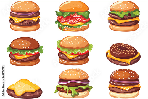 Set of delicious burger isolated on a white background, Flat style cartoon vector illustration. Fast Food. hamburger with bacon vector flat minimalistic illustration. Delicious hamburger icons.
