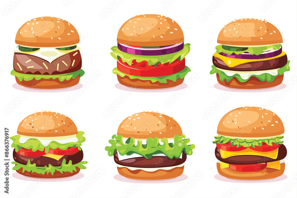 Set of delicious burger isolated on a white background, Flat style cartoon vector illustration. Fast Food. hamburger with bacon vector flat minimalistic illustration. Delicious hamburger icons.
