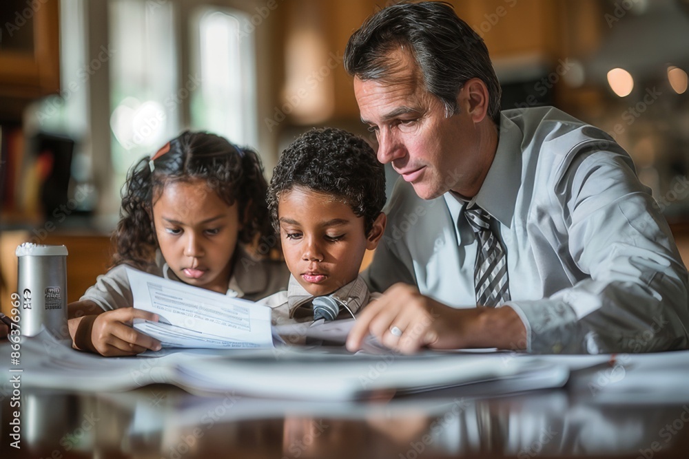 Father Helping Children with Homework Father Helping Children with Homework