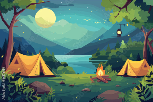 Nature camp landscape with tents, campfire, backpack, and lantern cartoon illustration. Camping concept art. Flat style illustration of beautiful landscape, mountains, forest, tent, and a campfire. 