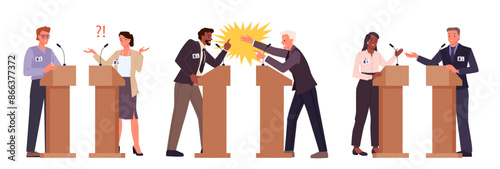 Political debates between two politicians and leaders set. Male and female speakers at podiums with mics talk to people during election campaign, presentation on conference cartoon vector illustration