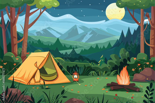 Nature camp landscape with tents, campfire, backpack, and lantern cartoon illustration. Camping concept art. Flat style illustration of beautiful landscape, mountains, forest, tent, and a campfire. 