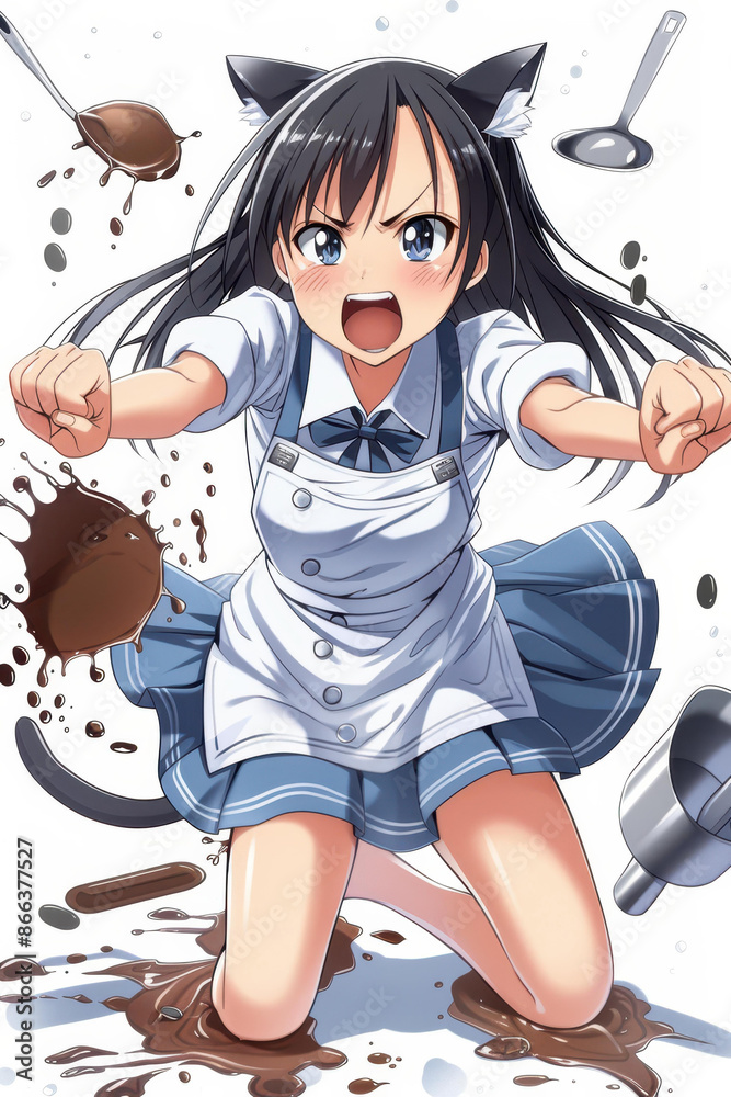 Animestyle artwork of an angry and embarrassed cute girl in an action pose, created by generative AI, wearing a cooking uniform. Animestyle artwork of an angry and embarrassed cute girl in an action pose, created by generative AI, wearing a cooking uniform.