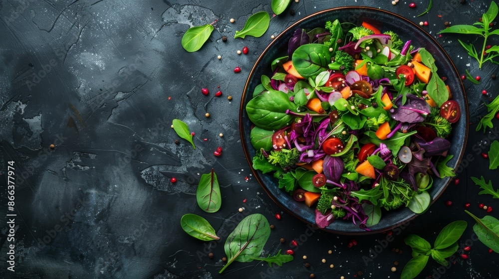 Fresh salad with spinach, kale, tomatoes, red onion, and peach in a bowl on a black background. Fresh salad with spinach, kale, tomatoes, red onion, and peach in a bowl on a black background.