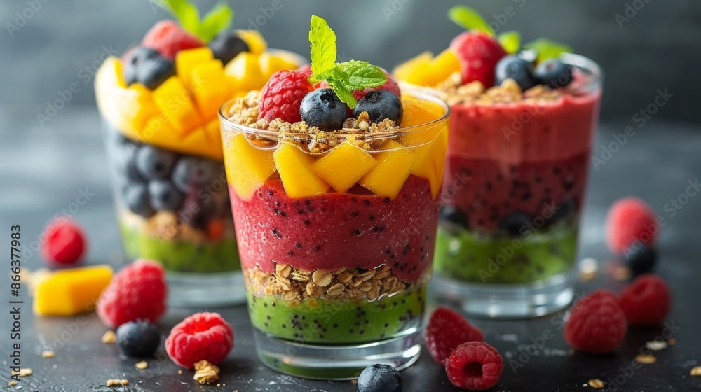 Layered Smoothie: A healthy fresh layered smoothie in a glass, with layers of berry, mango, topped with granola and fresh fruit. Vitamins, fitness drink, health food. Layered Smoothie: A healthy fresh layered smoothie in a glass, with layers of berry, mango, topped with granola and fresh fruit. Vitamins, fitness drink, health food.