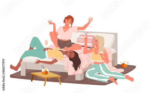 Fun sleepover party of girls best friends in pajamas. Female characters lying on bed in bedroom, laughing and talking, young women drinking wine and eating fast food cartoon vector illustration