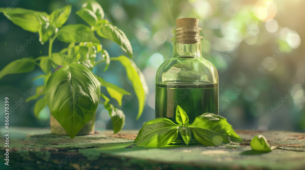Basil Leaf Extract in Vibrant Green Glass Bottle with Fresh Basil Leaves in Sunlit Garden Basil Leaf Extract in Vibrant Green Glass Bottle with Fresh Basil Leaves in Sunlit Garden