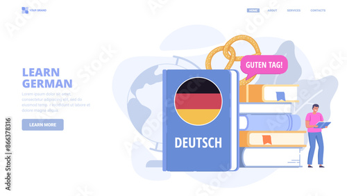Learn German language online, foreign language courses, self education. Design concept for landing page. Flat vector illustration with tiny characters for website, print, banner.
