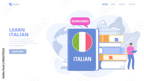 Learn Italian language online, foreign language courses, self education. Design concept for landing page. Flat vector illustration with tiny characters for website, print, banner.
