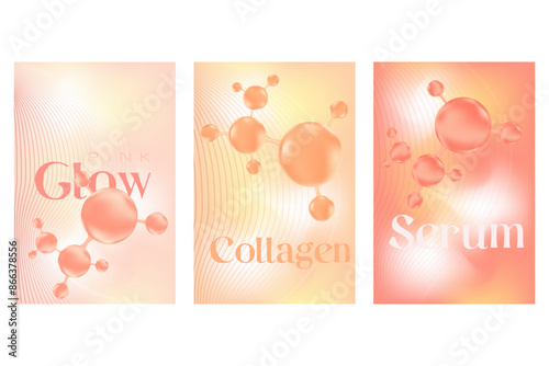 Light pink, yellow, peach color collagen peptide or hyaluronic acid molecule poster set, serum chemical formula. Beauty treatment nutrition skincare background with copy space. Beauty and scientific