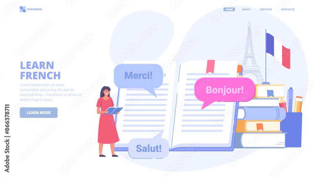 Learn French language online, foreign language courses, self education. Design concept for landing page. Flat vector illustration with tiny characters for website, print, banner. Learn French language online, foreign language courses, self education. Design concept for landing page. Flat vector illustration with tiny characters for website, print, banner.