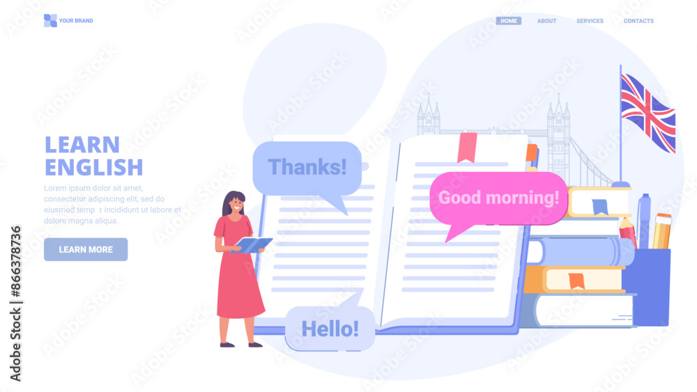 Learn English language online, foreign language courses, self education. Design concept for landing page. Flat vector illustration with tiny characters for website, print, banner. Learn English language online, foreign language courses, self education. Design concept for landing page. Flat vector illustration with tiny characters for website, print, banner.